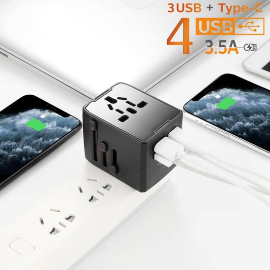 3 x USB & 1 x USB-C / Type-C Travel Plug Adapter International Universal Charging Block(Black) by buy2fix