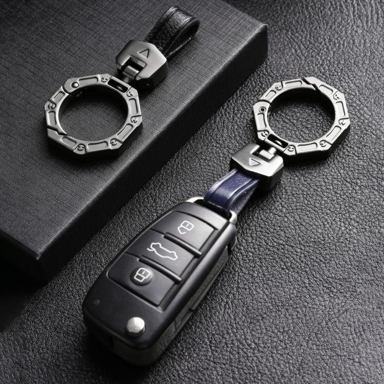 Hallmo Business Zinc Alloy Top-Layer Cowhide Key Chain Car Key Anti-Lost Pendant(Blue) by Hallmo