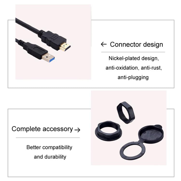 2m USB3.0+HDMI Car Waterproof Cable Motorcycle Boat Dashboard Extension Wire(Black) by buy2fix