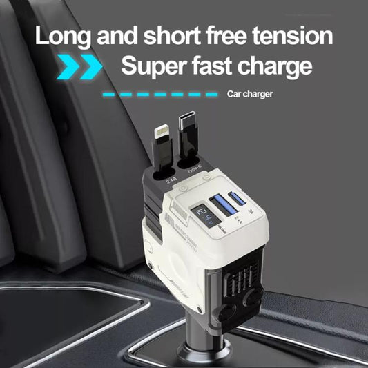 A1 Car 4 In 1 Digital Fast Charger With Retractable Cable(Yellow) - Car Charger by buy2fix | Online Shopping UK | buy2fix