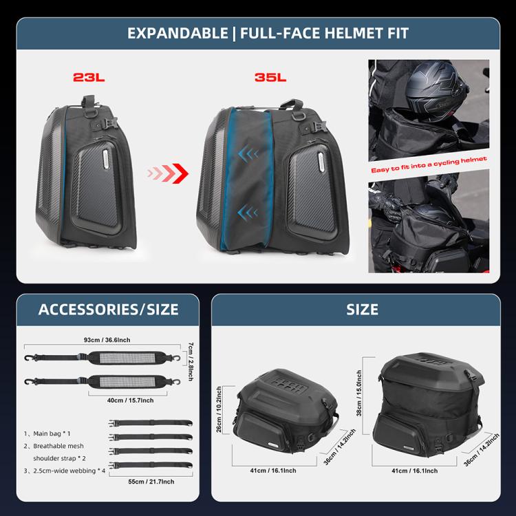 Rhinowalk MT2335 23L-35L Expandable Large-capacity EVA Hard Shell Motorcycle Tail Bag(Carbon Fiber) - Bags & Luggages by Rhinowalk | Online Shopping UK | buy2fix