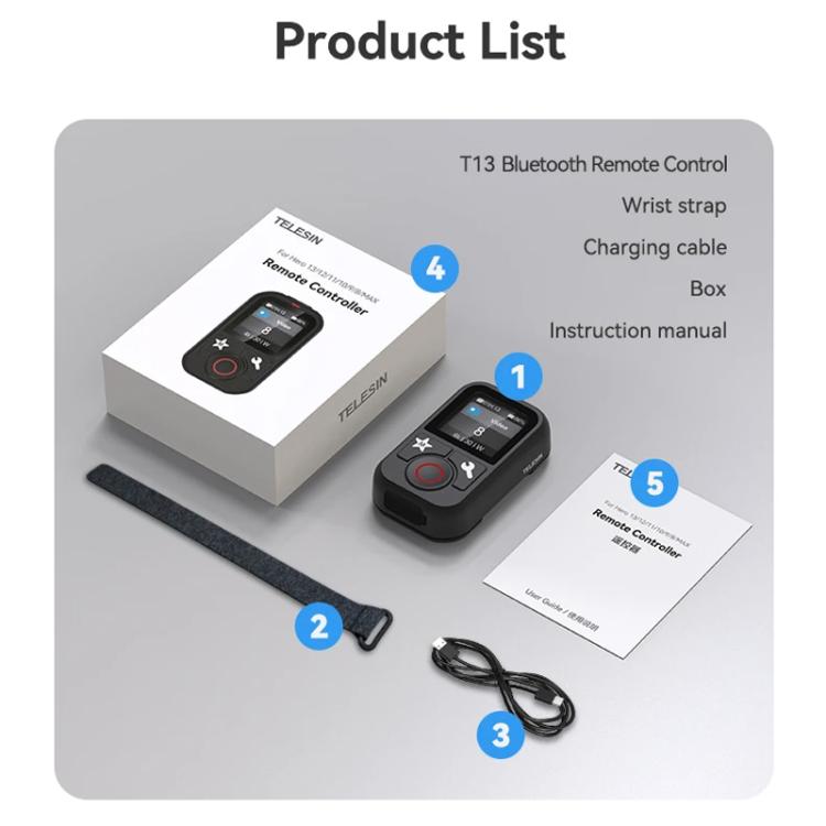 TELESIN T13 60m Sports Camera Wireless Bluetooth Remote Control For GoPro HERO13 Black /12 Black /11 Black /10 Black /9 Black /8 Black /Max(Black) - by TELESIN | Online Shopping UK | buy2fix
