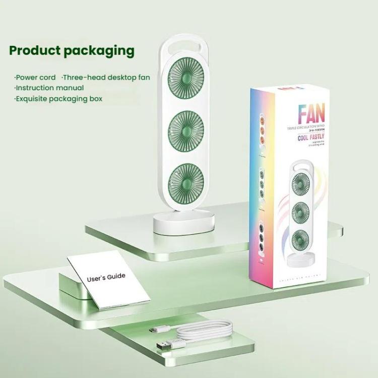 Simple Triple Turbine Design Fan Large Wind Desktop USB Charging Portable Home Outdoor Dormitory Fan(White-green) - Electric Fans by buy2fix | Online Shopping UK | buy2fix