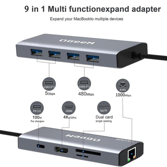 QGeeM 9 In 1 USB-C/Type-C Docking Station Hub RJ45+4K 30Hz HDMI+PD 85W+USB2.0/USB3.0+SD/TF - HUB with Lan adapter by QGeeM | Online Shopping UK | buy2fix
