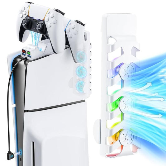 For PS5 Slim Controller 2-in-1 Charging Station Cooling Fan With RGB Lighting(White) - Charger & Power by buy2fix | Online Shopping UK | buy2fix