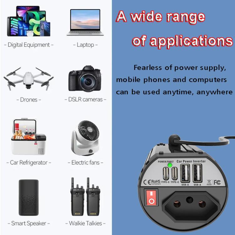 Gurxun 200W Modified Wave Intelligent Car Inverter Dual USB + Dual Type-C Port Car Power Converter, Spec: Brazil Plug 12V To 110V - Modified Square Wave by Gurxun | Online Shopping UK | buy2fix