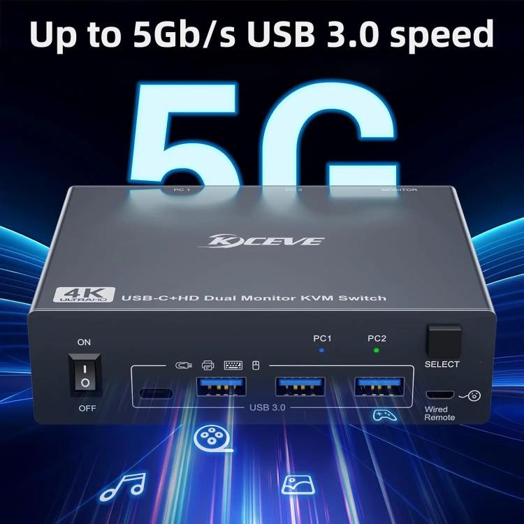 KVEVE KC-KVM202CH USB 3.0 Dual Monitor 4K 60Hz KVM Switch EU Plug - Switch by KVEVE | Online Shopping UK | buy2fix