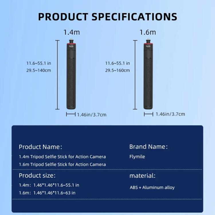 Flymile 1.6m Extendable Selfie Stick Tripod For Action Cameras One-Button Quick Setup Monopod With Wide-Angle View - Extendable Pole by Flymile | Online Shopping UK | buy2fix