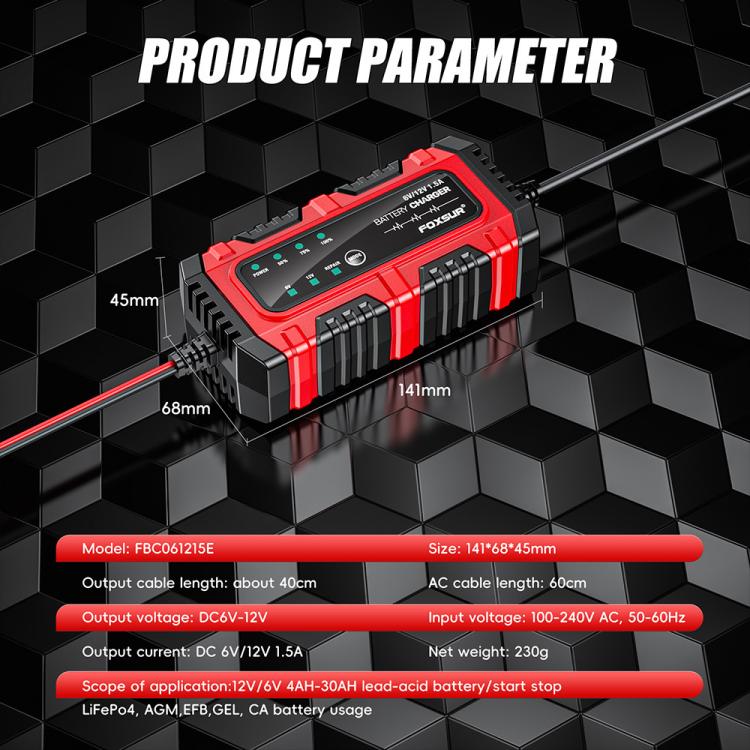 FOXSUR Smart 6V/12V 1.5A Battery Charger 4AH-30AH Lead Acid Battery Maintainer For Motorcycle/Car/ATV UK Plug - Battery Charger by FOXSUR | Online Shopping UK | buy2fix