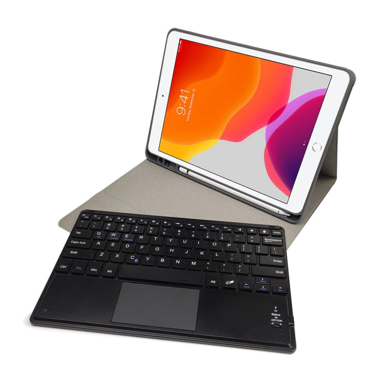 RK102C Detachable Magnetic Plastic Bluetooth Keyboard with Touchpad + Silk Pattern TPU Tablet Case for iPad 10.2, with Pen Slot & Bracket(Black) by buy2fix