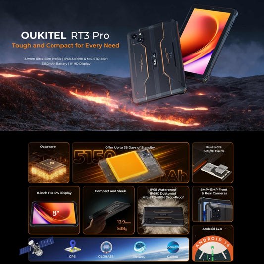 OUKITEL RT3 Pro 4G Network IP68/IP69K Rugged Tablet, 4GB+128GB, 8.0 inch Android 14 MediaTek G81 Octa-Core Support Dual SIM, EU Plug (Green) - Other by OUKITEL | Online Shopping UK | buy2fix