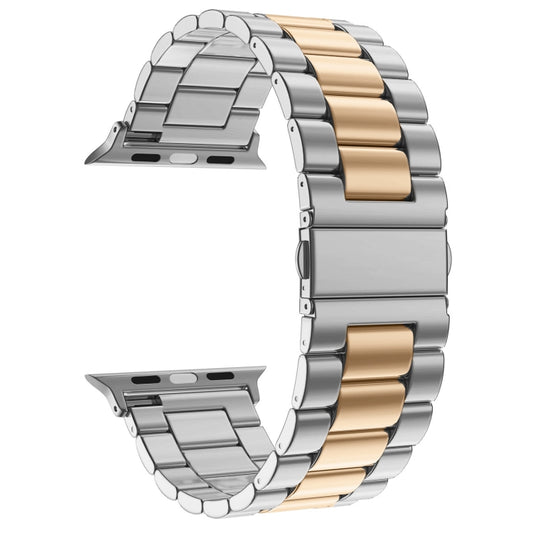 Fold Buckle 3 Beads Stainless Steel Watch Band For Apple Watch Ultra 49mm&Watch Ultra 2 49mm / Series 10 46mm / 9&8&7 45mm / SE 3&SE 2&6&SE&5&4 44mm / 3&2&1 42mm(Silver+Rose Gold) by buy2fix