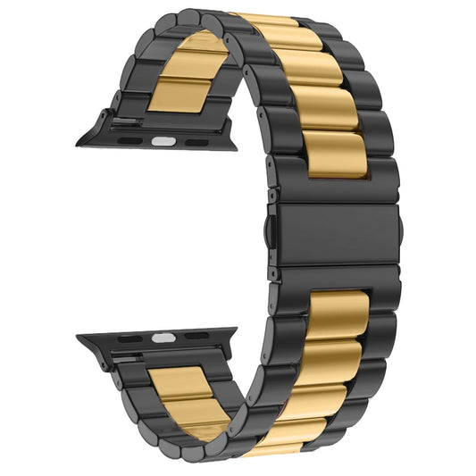 Fold Buckle 3 Beads Stainless Steel Watch Band For Apple Watch Ultra 49mm&Watch Ultra 2 49mm / Series 10 46mm / 9&8&7 45mm / SE 3&SE 2&6&SE&5&4 44mm / 3&2&1 42mm(Black Gold) by buy2fix