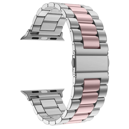 Fold Buckle 3 Beads Stainless Steel Watch Band For Apple Watch Ultra 49mm&Watch Ultra 2 49mm / Series 10 46mm / 9&8&7 45mm / SE 3&SE 2&6&SE&5&4 44mm / 3&2&1 42mm(Silver Pink) by buy2fix