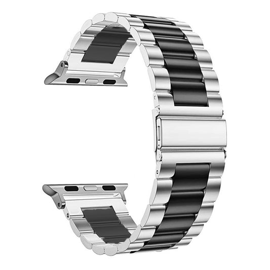 Fold Buckle 3 Beads Stainless Steel Watch Band For Apple Watch Ultra 49mm&Watch Ultra 2 49mm / Series 10 46mm / 9&8&7 45mm / SE 3&SE 2&6&SE&5&4 44mm / 3&2&1 42mm(Silver Black) by buy2fix