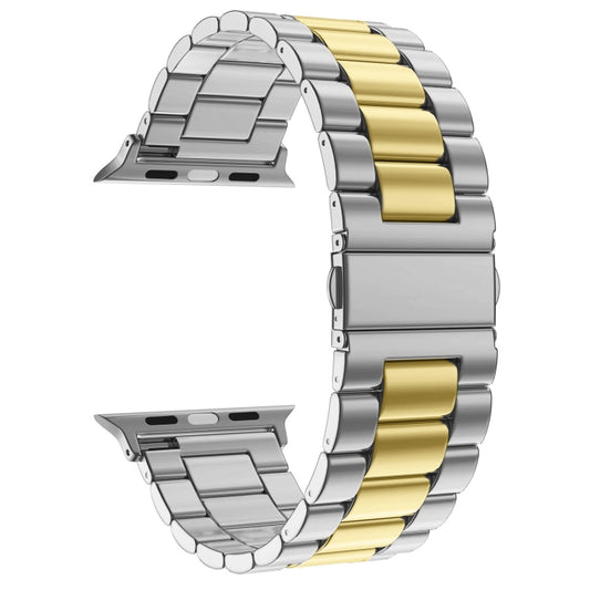 Fold Buckle 3 Beads Stainless Steel Watch Band For Apple Watch Ultra 49mm&Watch Ultra 2 49mm / Series 10 46mm / 9&8&7 45mm / SE 3&SE 2&6&SE&5&4 44mm / 3&2&1 42mm(Silver Yellow) by buy2fix
