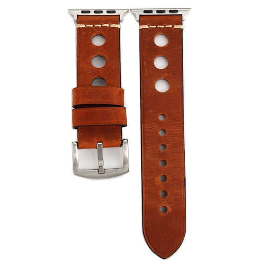 For Apple Watch Series 7 45mm / 6 & SE & 5 & 4 44mm / 42mm 3 & 2 & 1 Retro Hole Genuine Leather Wrist Watch Band by buy2fix