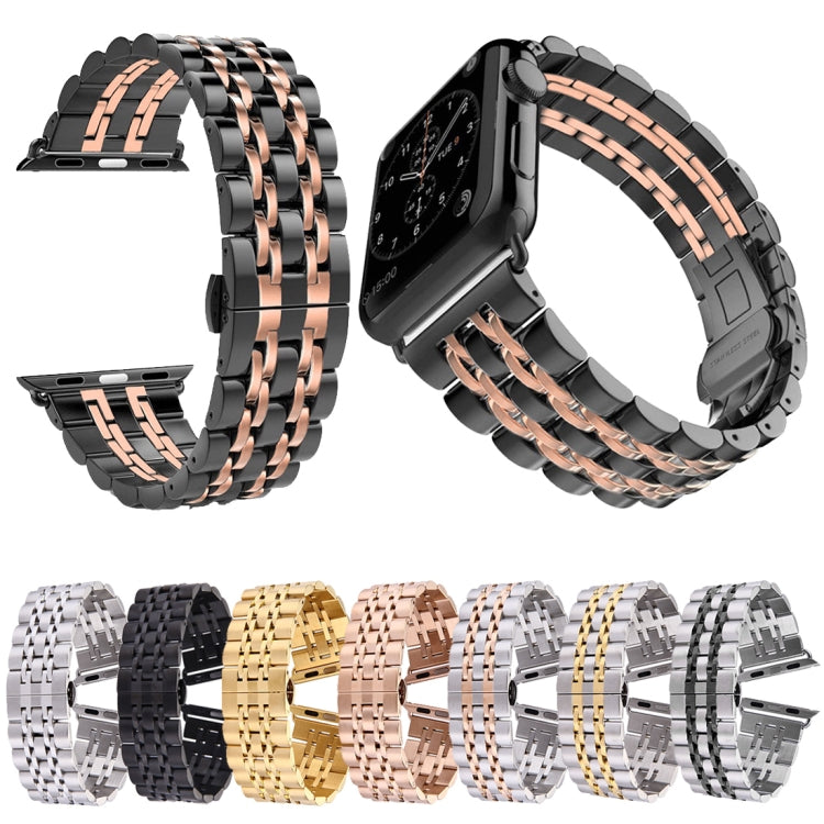 22mm Men Hidden Butterfly Buckle 7 Beads Stainless Steel Watch Band For Apple Watch 38mm(Black+Rose gold) by buy2fix