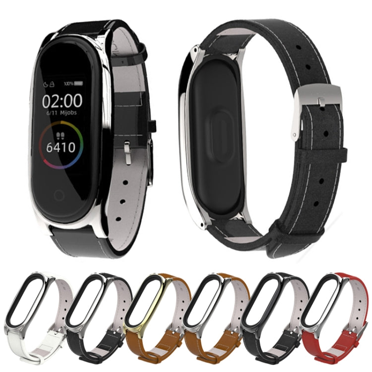Mijobs Screwless Magnetic Case Top-grain Leather Watch Band for Xiaomi Mi Band 3 & 4 & 5 & 6, Host not Included by buy2fix