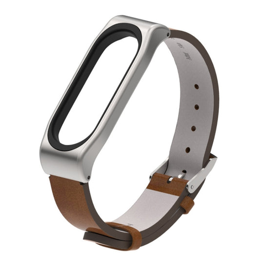 Mijobs Screwless Metal Case PU Leather Watch Band for Xiaomi Mi Band 3 & 4 & 5 & 6, Host not Included by buy2fix