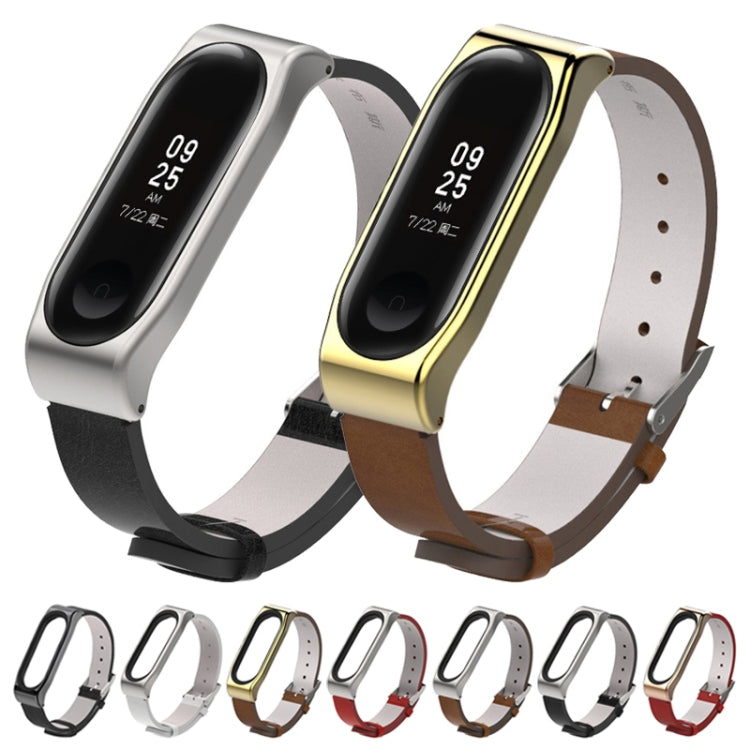Mijobs Screwless Metal Case PU Leather Watch Band for Xiaomi Mi Band 3 & 4 & 5 & 6, Host not Included by buy2fix