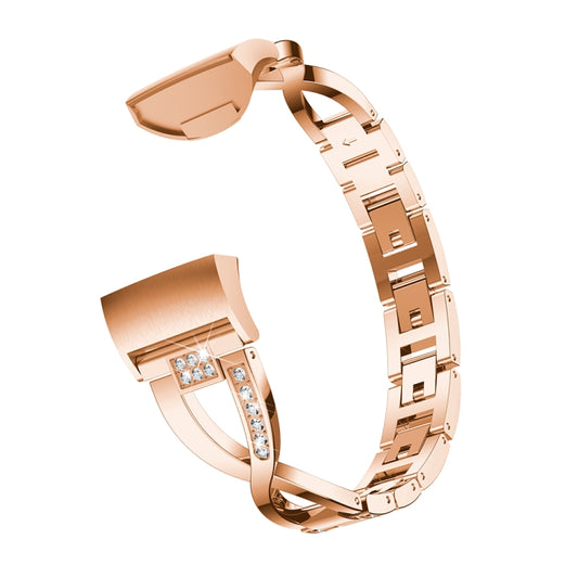 X-shaped Diamond-studded Metal Steel Watch Band for Fitbit Charge 3(Rose Gold) by buy2fix