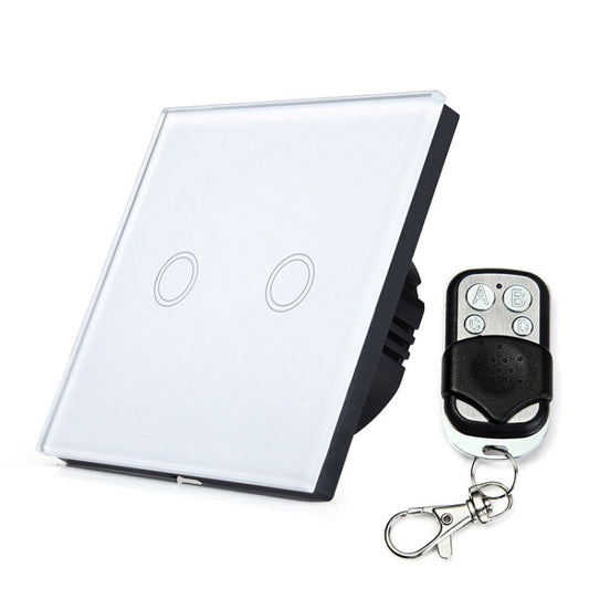86mm 2 Gang Tempered Glass Panel Wall Switch Smart Home Light Touch Switch with RF433 Remote Controller, AC 110V-240V(White) by buy2fix