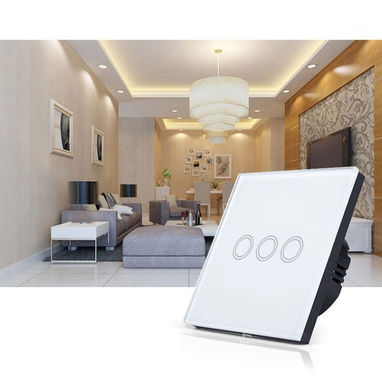 86mm 3 Gang Tempered Glass Panel Wall Switch Smart Home Light Touch Switch with RF433 Remote Controller, AC 110V-240V(Black) by buy2fix