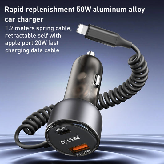 Yesido Y57 50W PD + QC3.0 Dual Port Car Charger with 8 Pin Spring Data Cable by Yesido