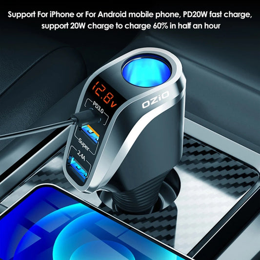 Ozio DY48TC 188W Type-C + USB Dual Port Multi-function Car Charger with Cigarette Lighter (Silver) by ozio