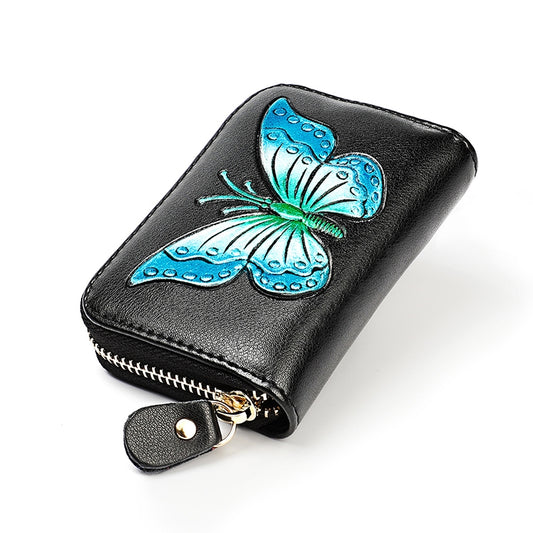 KB152 Butterfly Pattern Zipper Cowhide Leather Organ Shape Multiple Card Slots Anti-magnetic RFID Wallet for Ladies(Blue) by buy2fix