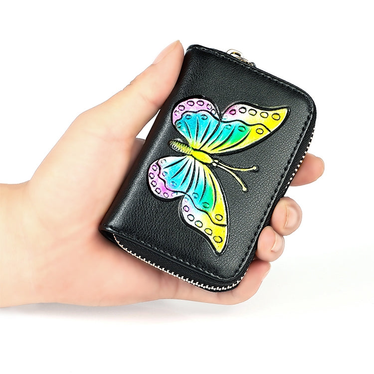KB152 Butterfly Pattern Zipper Cowhide Leather Organ Shape Multiple Card Slots Anti-magnetic RFID Wallet for Ladies(Blue) by buy2fix