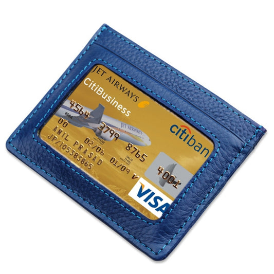 Cowhide Leather Litchi Texture Open Type Solid Color Card Holder RFID Blocking Card Bag Protective Case(Dark Blue) by buy2fix