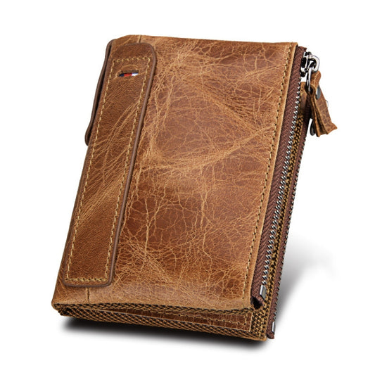 Genuine Cowhide Leather Crazy Horse Texture Dual Zipper Short Style Card Holder Wallet RFID Blocking Card Bag Protect Case for Men, Size: 12.1*9.4*2.7cm(Taupe) by buy2fix