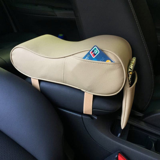 Universal Car PU Leather and Memory Foam Wrapped Armrest Box Car Armrest Box Mat with Phone Holder Storage Bag & Card Slot (Beige) by buy2fix