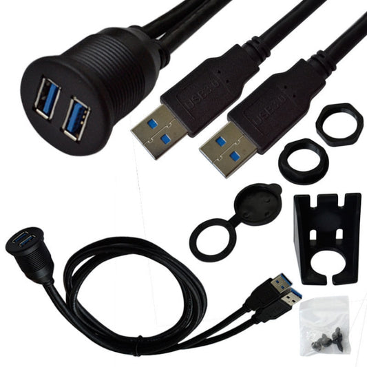 1m Flush Mount USB 3.0 Dock Car Ship Motorcycle Dashboard Panel Male to Female Data Waterproof Extension Cord(Black) by buy2fix