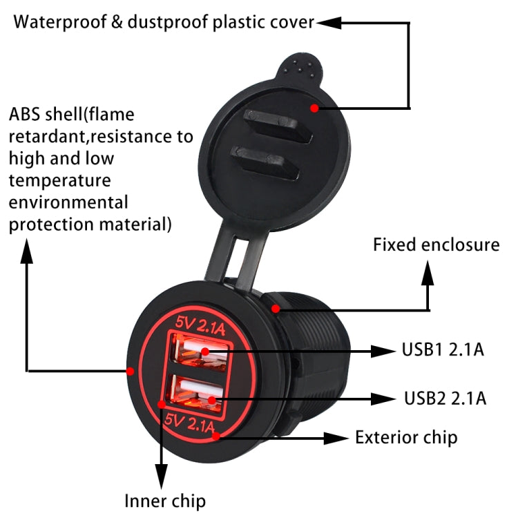 Universal Car Charger 2 Port Power Socket Power Dual USB Charger 5V 4.2A IP66 with Aperture(Red Light) by buy2fix