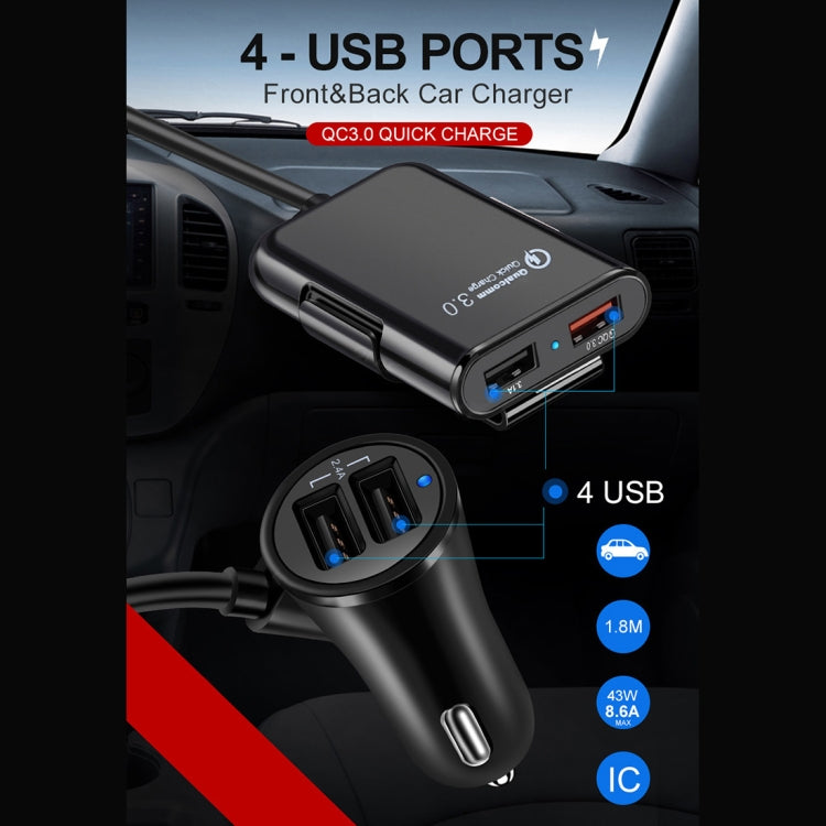 HMQ-C801 1.8m 8A Max 4 Ports USB Car Charger with Extending USB HUB for Front & Back Seat Charging (Black) by buy2fix