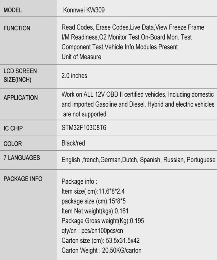 KONNWEI KW309 V309 V310 MS309 Code Reader OBD2 Scanner Diagnostic Tool(Black) by KONNWEI