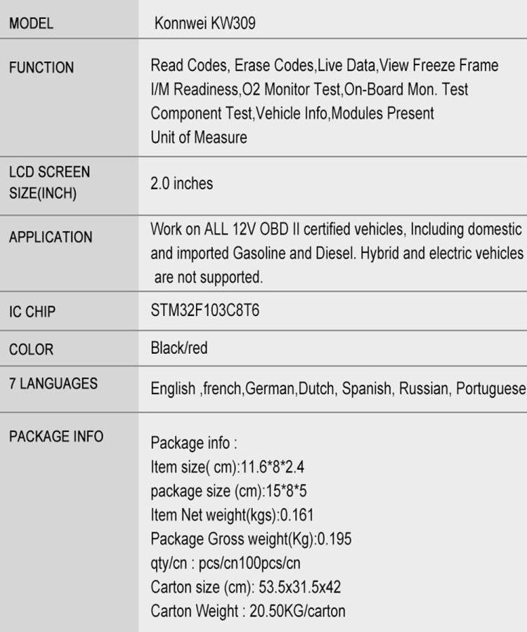 KONNWEI KW309 V309 V310 MS309 Code Reader OBD2 Scanner Diagnostic Tool(Red) by KONNWEI