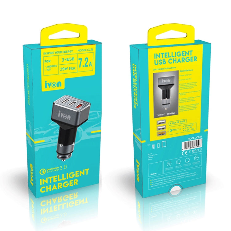 IVON CC36 39W 7.2A QC 3.0 USB + Dual USB Car Charger with Ambient Light by IVON
