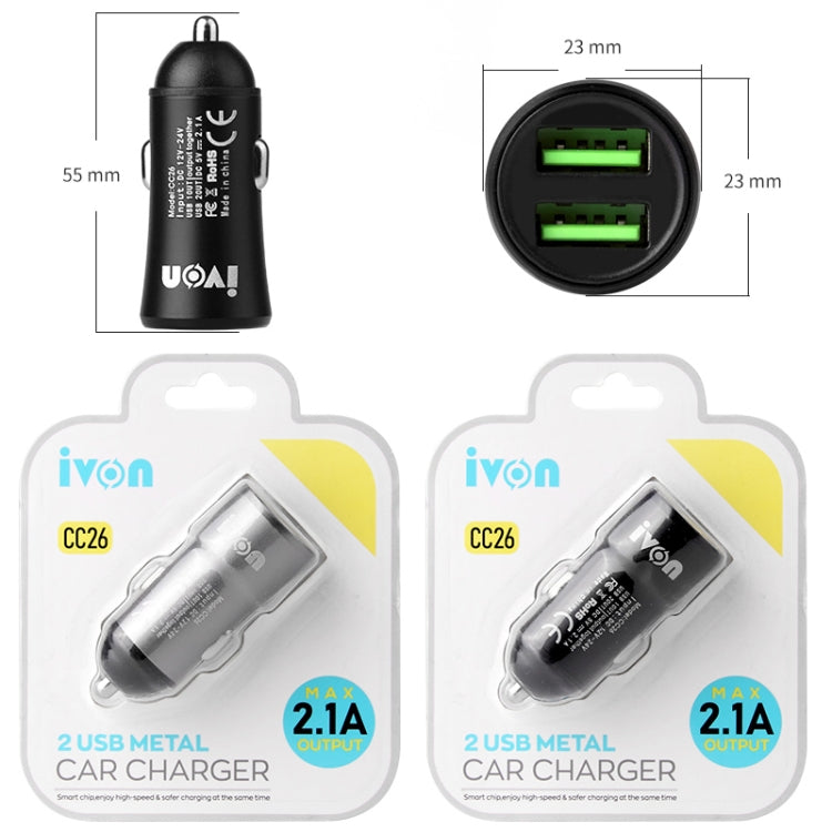 IVON CC26 5V 2.1A Dual USB Port Mini Car Charger (Grey) by IVON