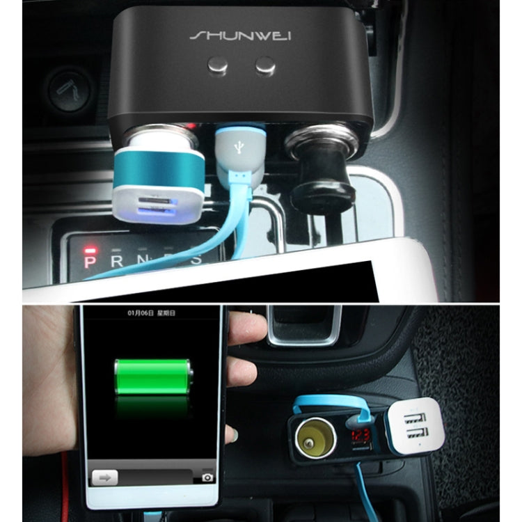 SHUNWEI SD-1925 120W 3A Car 2 in 1 Dual USB Charger 90 Degree Free Rotation Cigarette Lighter(Grey) by SHUNWEI