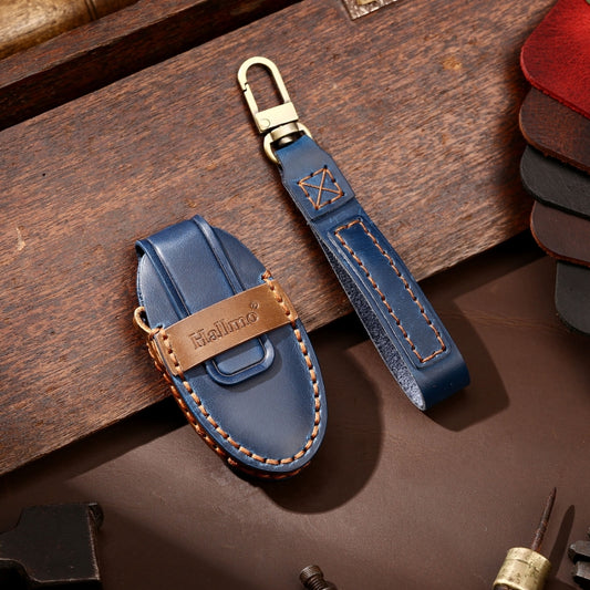 Hallmo Car Cowhide Leather Key Protective Cover Key Case for Nissan Sylphy 3-button Horn(Blue) by Hallmo