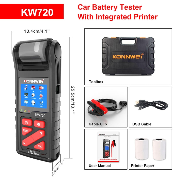 KONNWEI KW720 Car 3.2 inch 6V-24V Lead-acid Battery Tester with Printer by KONNWEI