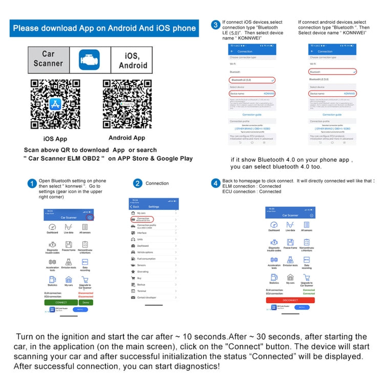 KONNWEI KW901 Android Phone OBD2 Car Bluetooth 5.0 Diagnostic Scan Tools(Orange) by KONNWEI