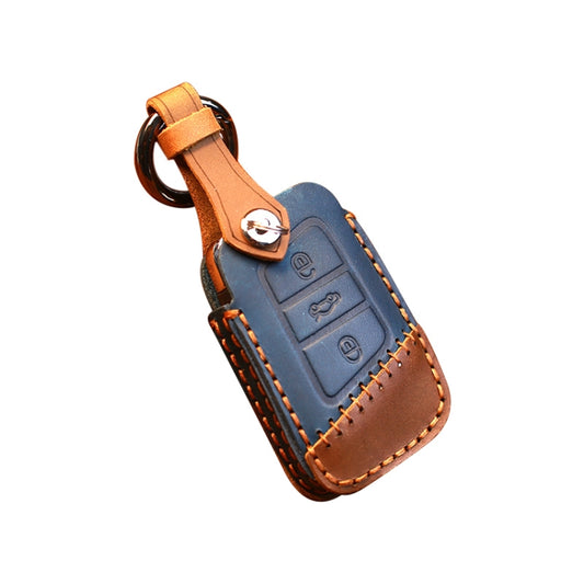 For Volkswagen Car Cowhide Leather Key Protective Cover Key Case, A Version(Blue) by buy2fix