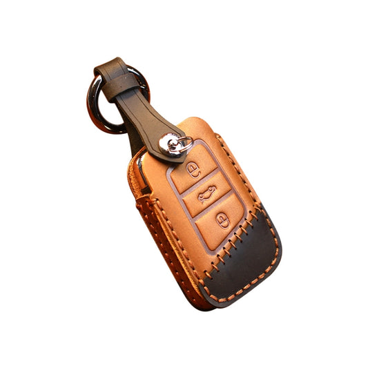 For Volkswagen Car Cowhide Leather Key Protective Cover Key Case, A Version(Brown) by buy2fix