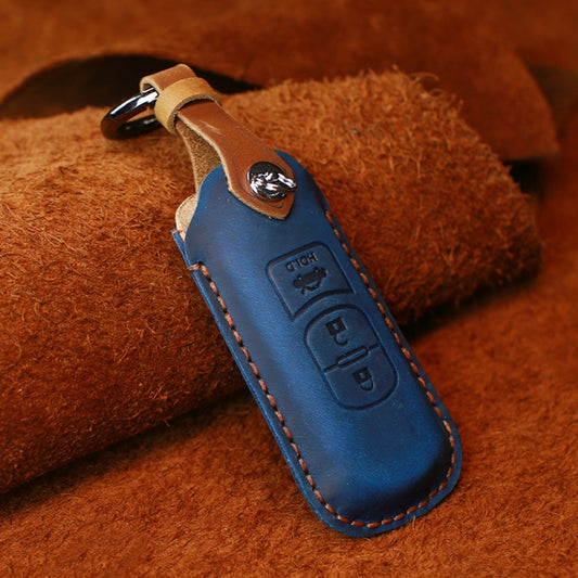 For Mazda Old Style Hallmo Car Cowhide Leather Key Protective Cover Key Case, Three Keys Version(Blue) by Hallmo
