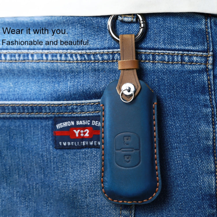 For Mazda Old Style Hallmo Car Cowhide Leather Key Protective Cover Key Case, Three Keys Version(Blue) by Hallmo